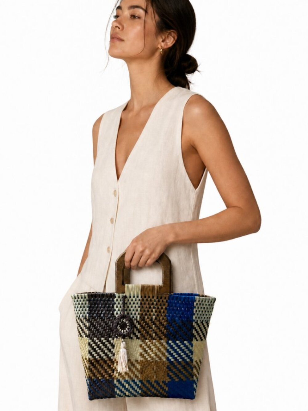 Handcrafted Woven Tote Bag - Brown and Blue